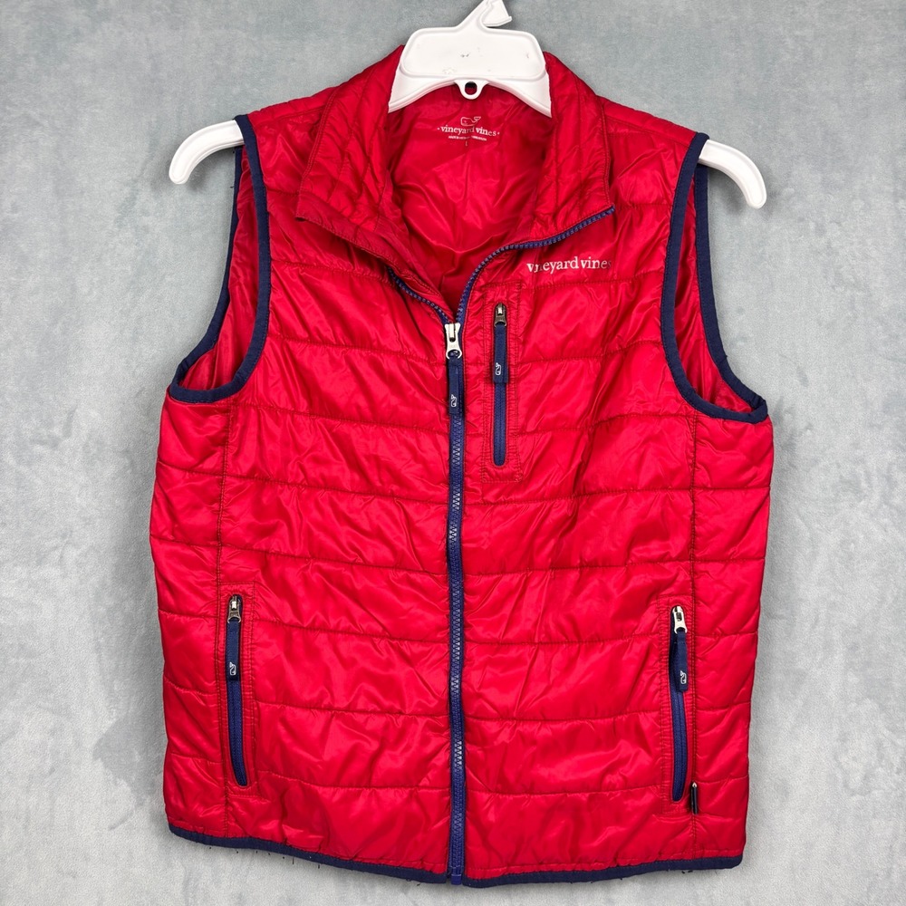 Vineyard Vines Boys Red Quilted Puffer Vest Navy Trim Size Large 3O6001